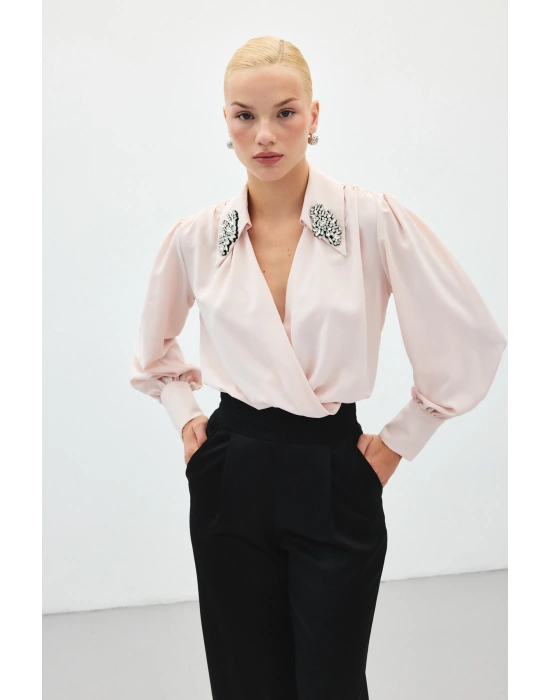 Aksesuar Detaylı Bodysuit Bluz - Pudra