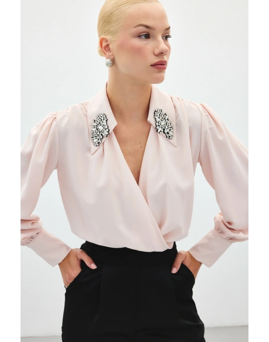 Aksesuar Detaylı Bodysuit Bluz - Pudra