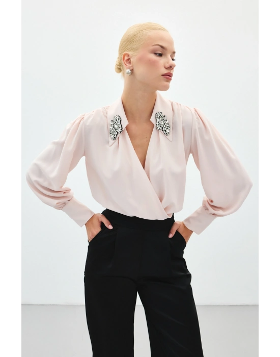 Aksesuar Detaylı Bodysuit Bluz - Pudra