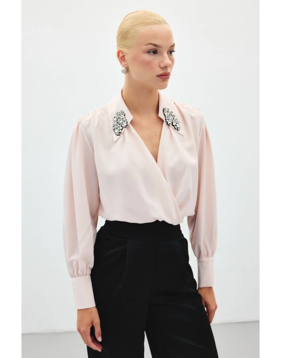 Aksesuar Detaylı Bodysuit Bluz - Pudra