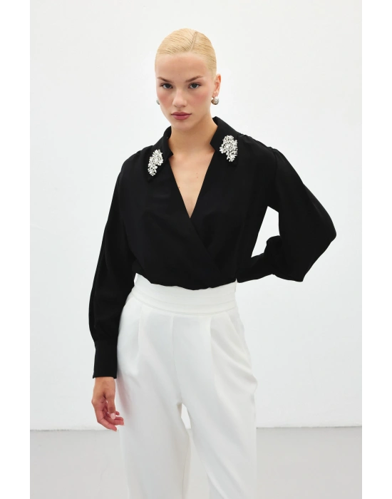Aksesuar Detaylı Bodysuit Bluz - SİYAH