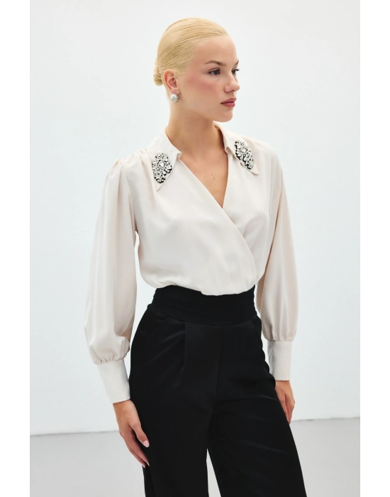 Aksesuar Detaylı Bodysuit Bluz - Bej