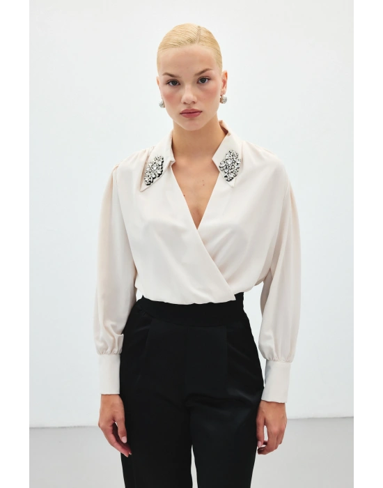 Aksesuar Detaylı Bodysuit Bluz - Bej