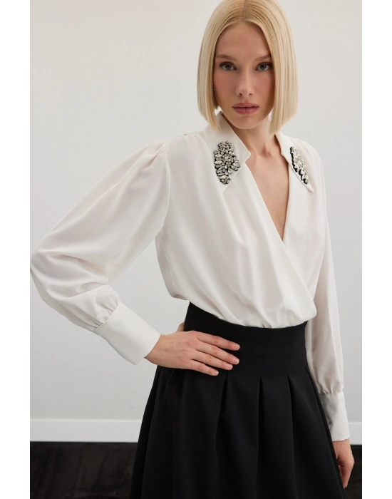 Aksesuar Detaylı Bodysuit Bluz - Ekru