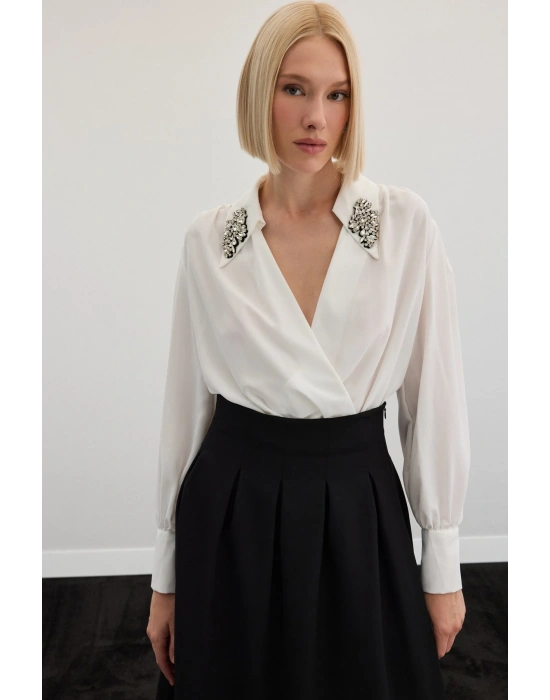 Aksesuar Detaylı Bodysuit Bluz - Ekru