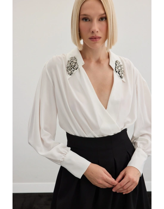 Aksesuar Detaylı Bodysuit Bluz - Ekru