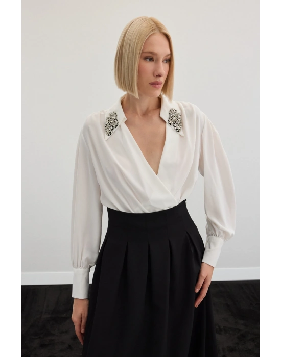 Aksesuar Detaylı Bodysuit Bluz - Ekru