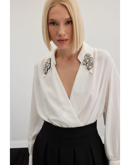 Aksesuar Detaylı Bodysuit Bluz - Ekru