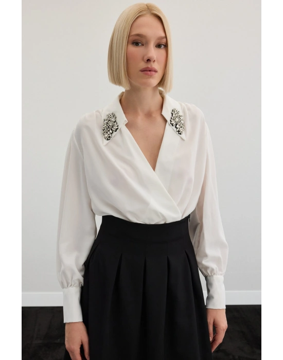Aksesuar Detaylı Bodysuit Bluz - Ekru