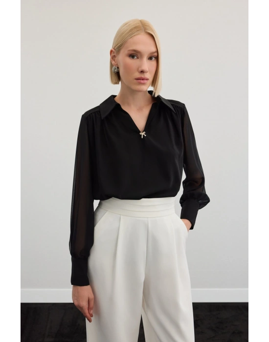 Aksesuarlı Salaş Bluz - Siyah