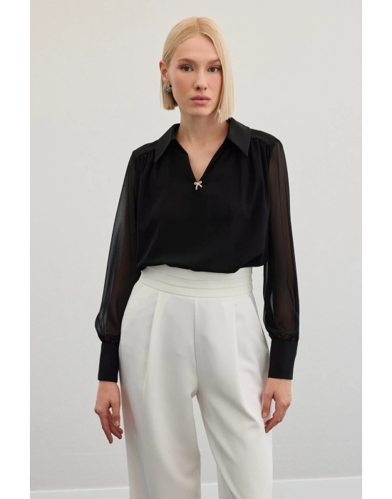 Aksesuarlı Salaş Bluz - Siyah
