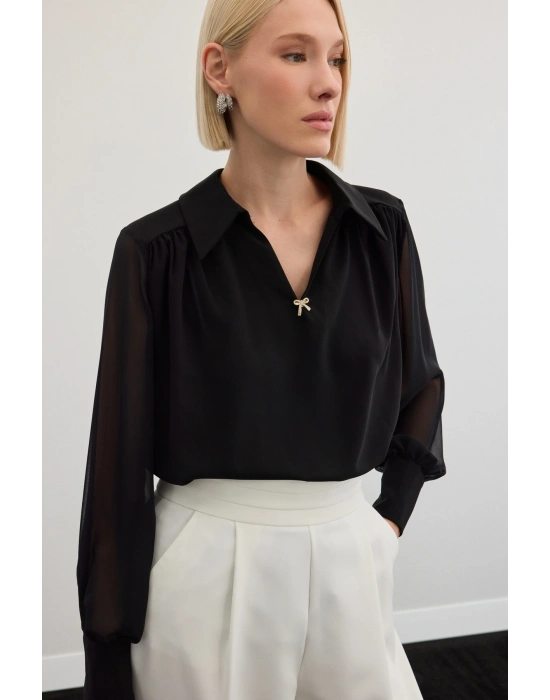 Aksesuarlı Salaş Bluz - Siyah