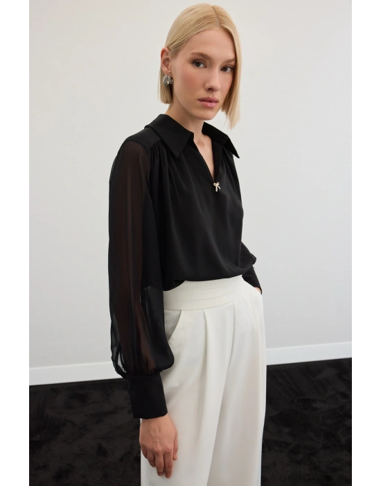 Aksesuarlı Salaş Bluz - Siyah