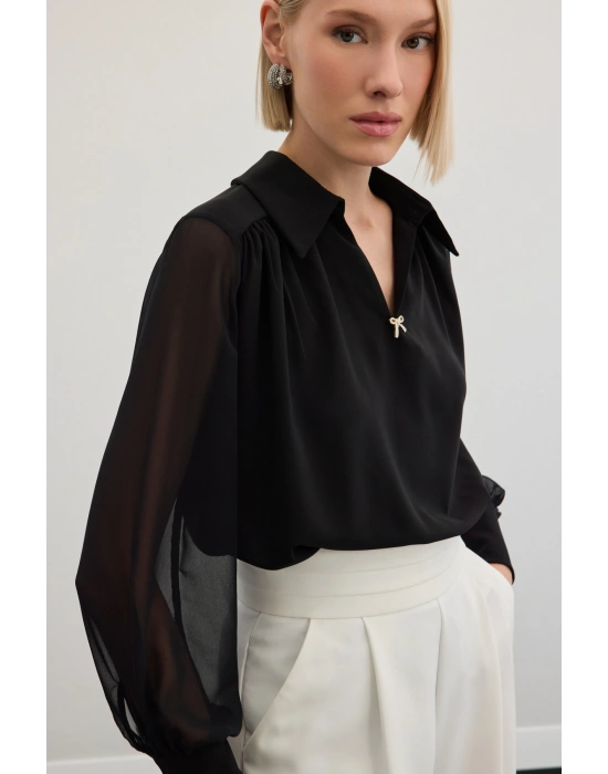 Aksesuarlı Salaş Bluz - Siyah
