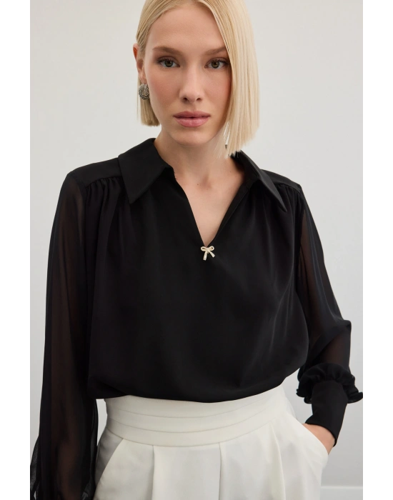 Aksesuarlı Salaş Bluz - Siyah