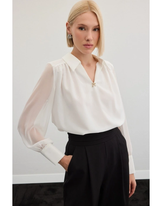 Aksesuarlı Salaş Bluz - Ekru