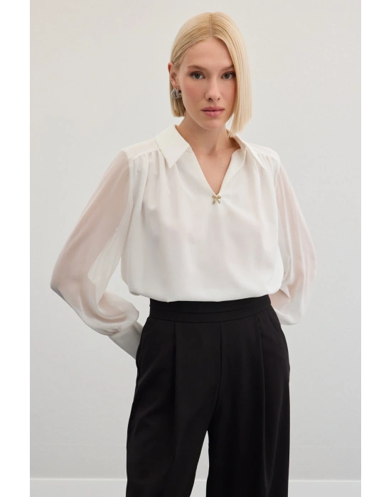 Aksesuarlı Salaş Bluz - Ekru