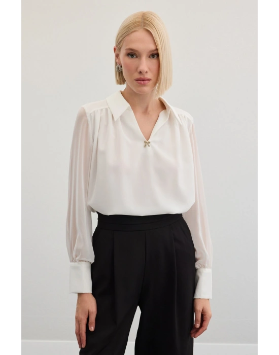 Aksesuarlı Salaş Bluz - Ekru