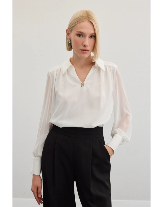 Aksesuarlı Salaş Bluz - Ekru