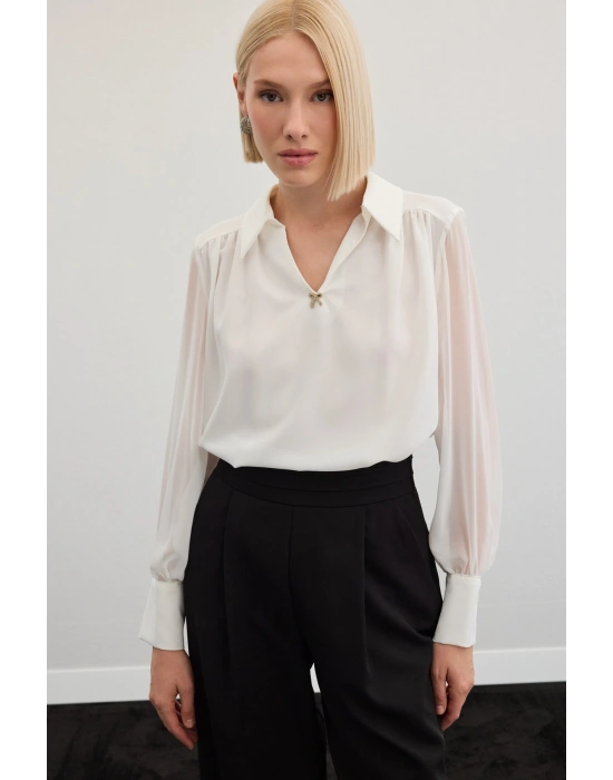 Aksesuarlı Salaş Bluz - Ekru