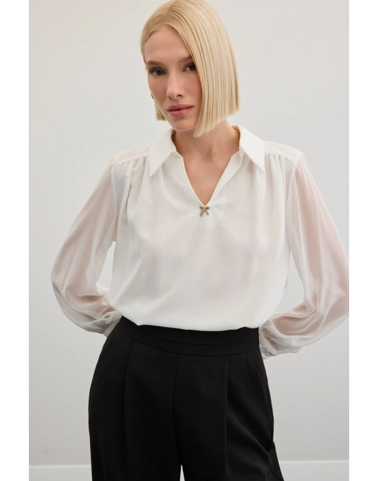 Aksesuarlı Salaş Bluz - Ekru
