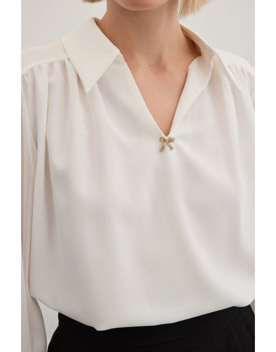 Aksesuarlı Salaş Bluz - Ekru