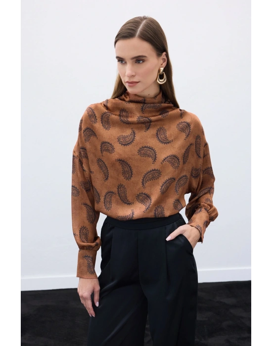 Degaje Yaka Desenli Bluz - Kahve