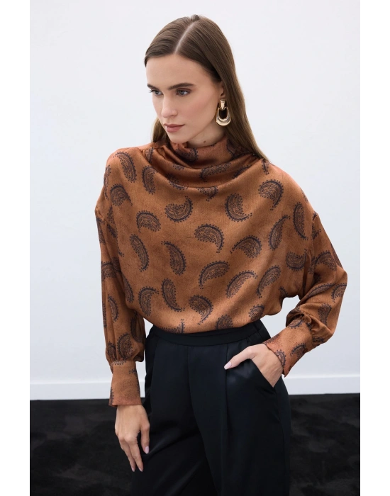 Degaje Yaka Desenli Bluz - Kahve