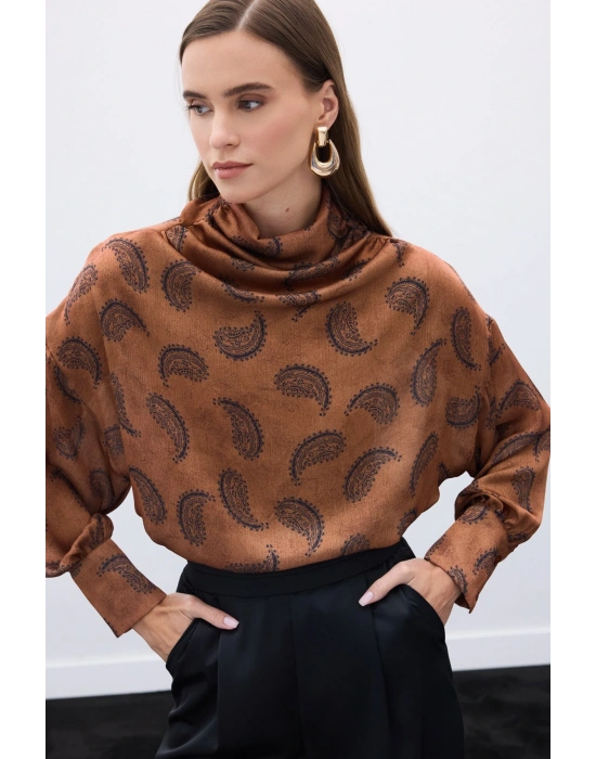 Degaje Yaka Desenli Bluz - Kahve