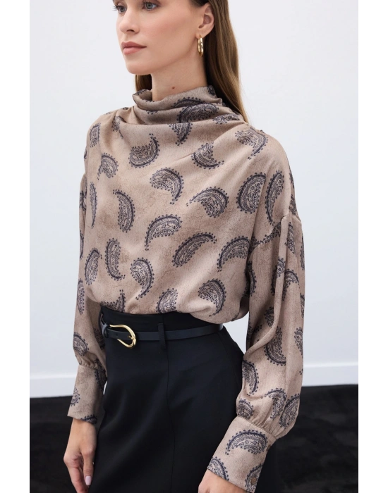 Degaje Yaka Desenli Bluz - Vizon