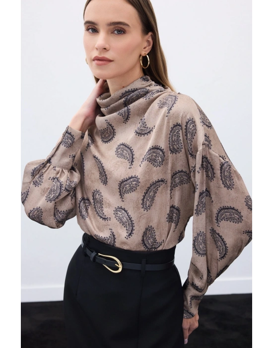 Degaje Yaka Desenli Bluz - Vizon