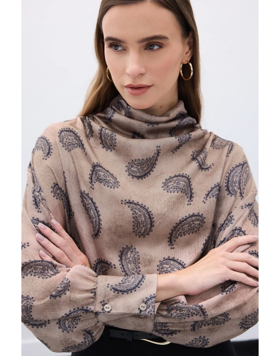 Degaje Yaka Desenli Bluz - Vizon