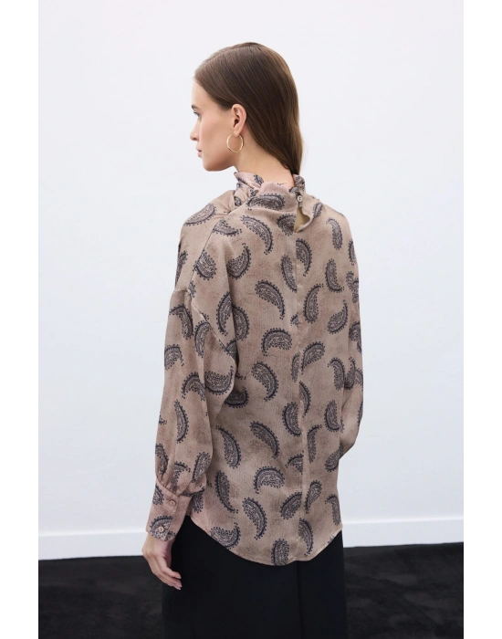 Degaje Yaka Desenli Bluz - Vizon