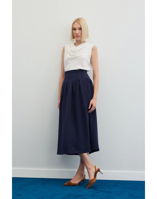 Pileli Midi Etek - Lacivert
