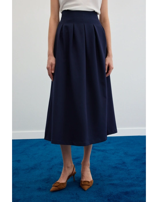 Pileli Midi Etek - Lacivert