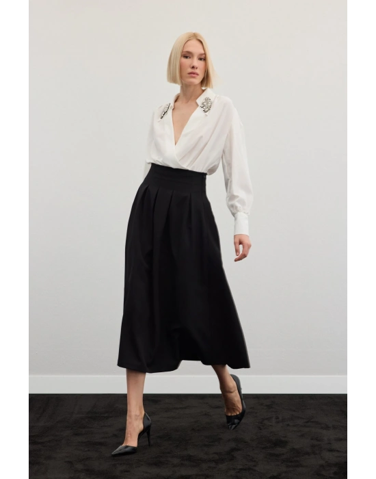 Pileli Midi Etek - Siyah