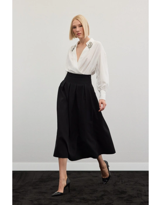 Pileli Midi Etek - Siyah