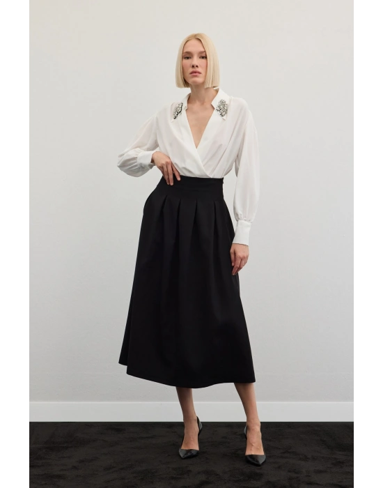 Pileli Midi Etek - Siyah