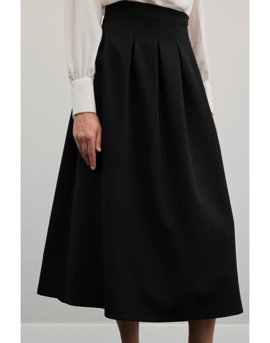 Pileli Midi Etek - Siyah