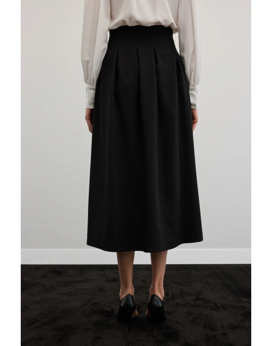 Pileli Midi Etek - Siyah