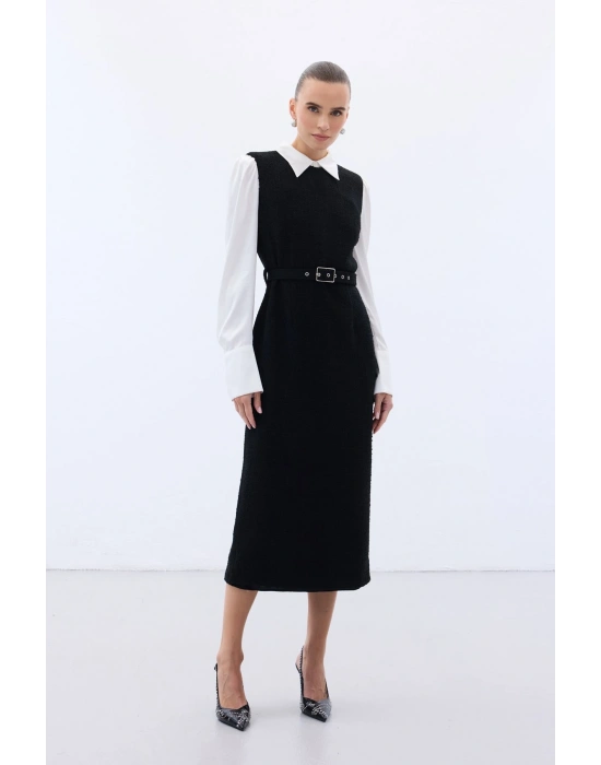 Kemerli Tüvit Elbise - Siyah