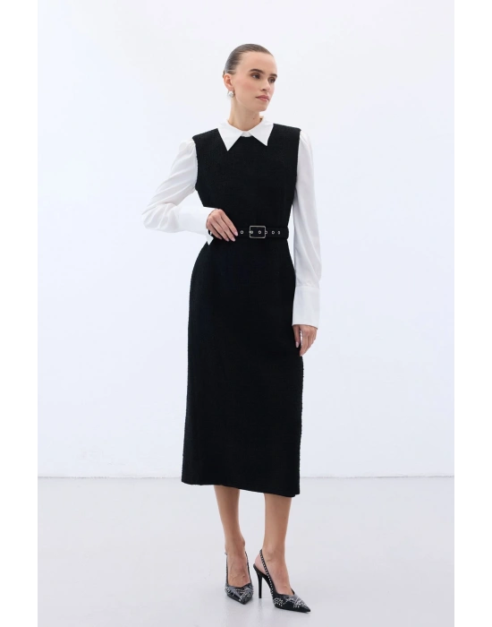 Kemerli Tüvit Elbise - Siyah