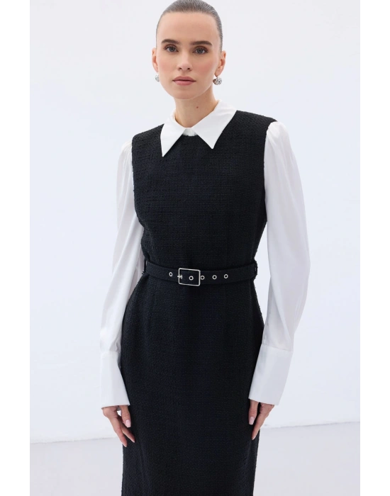 Kemerli Tüvit Elbise - Siyah