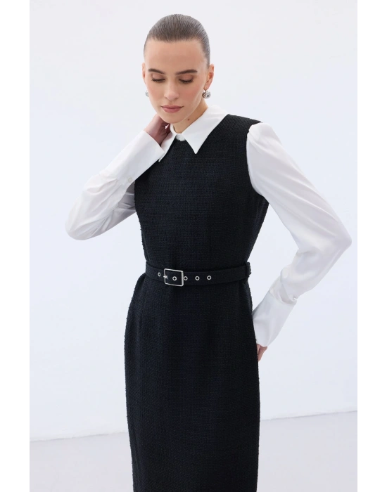 Kemerli Tüvit Elbise - Siyah