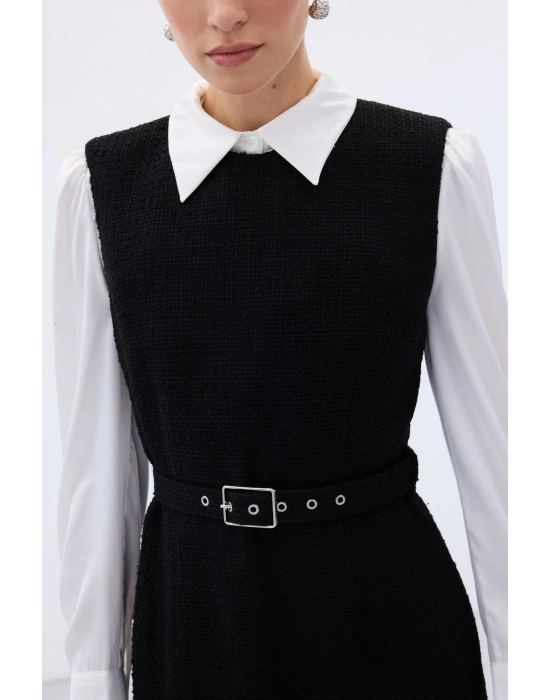 Kemerli Tüvit Elbise - Siyah