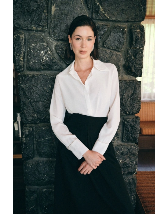 Aksesuarlı Klasik Gömlek - Ekru