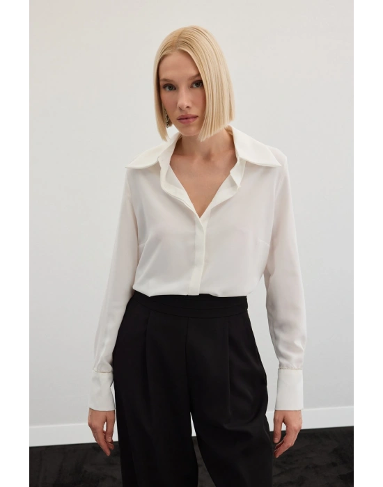 Aksesuarlı Klasik Gömlek - Ekru