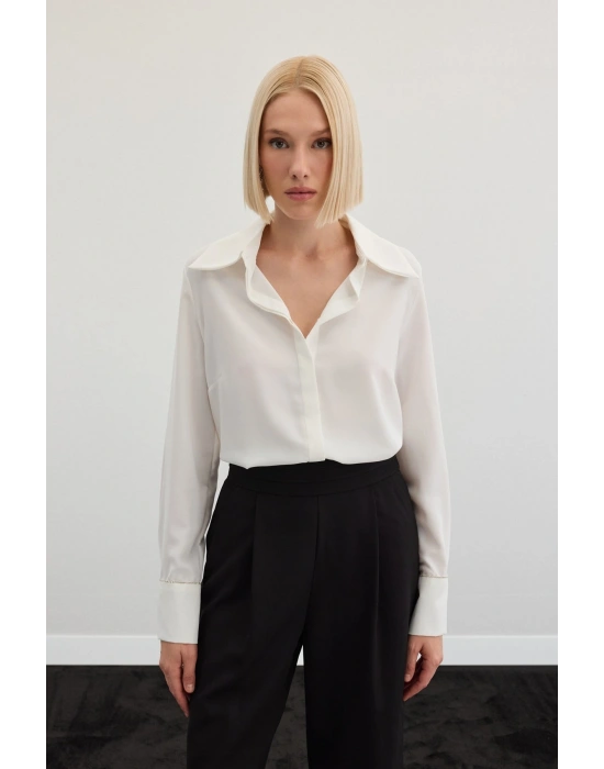 Aksesuarlı Klasik Gömlek - Ekru