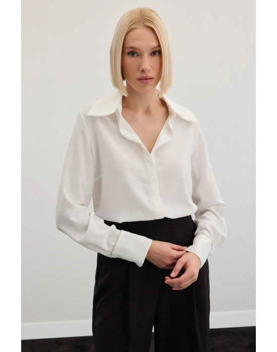 Aksesuarlı Klasik Gömlek - Ekru