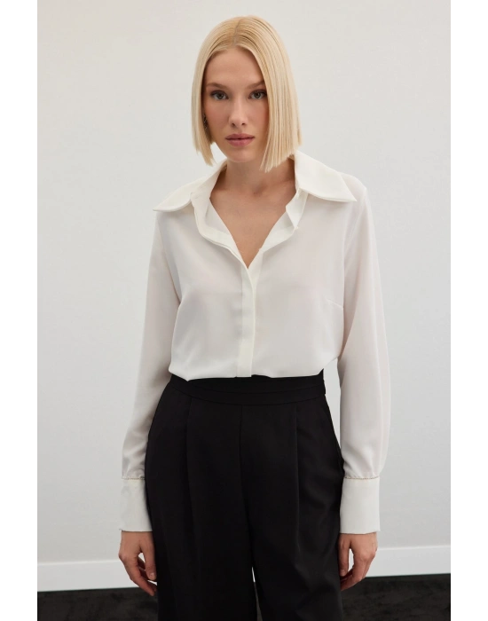 Aksesuarlı Klasik Gömlek - Ekru